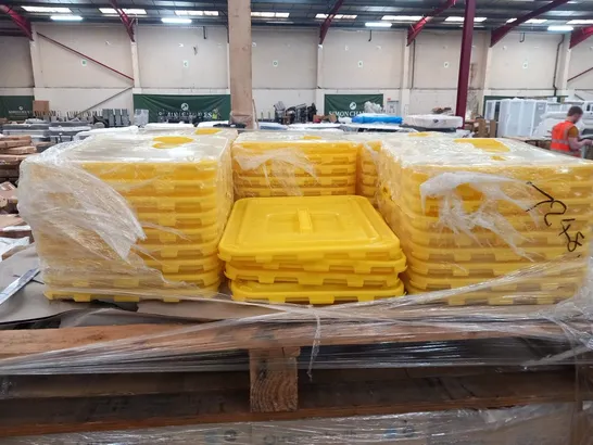 PALLET OF APPROXIMATELY 49 MAUSER YELLOW MEDICAL WASTE CLICK LIDS