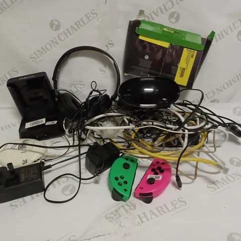 LOT TO CONTAIN AN ASSORTMENT OF TECH PRODUCTS, INCLUDES SWITCH CONTROLLERS, WIRES, HEADSET, EARPHONES, CHARGING CABLES ETC 