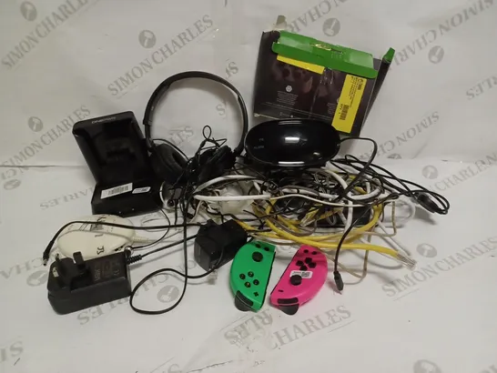 LOT TO CONTAIN AN ASSORTMENT OF TECH PRODUCTS, INCLUDES SWITCH CONTROLLERS, WIRES, HEADSET, EARPHONES, CHARGING CABLES ETC 