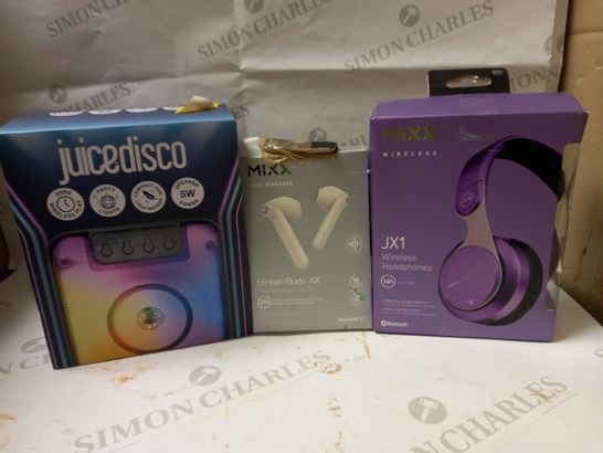 LOT OF 3 ASSORTED ELECTRICAL ITEMS TO INCLUDE JUICE DISCO SPEAKER, WIRELESS EARBUDS, WIRELESS HEADPHONES