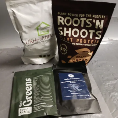 4 ASSORTED SUPPLEMEN PRODUCTS TO INCLUDE ROOTS 'N' SHOOTS PLANT PROTEIN (500g), UKHEALTHHOUSE CHICORY INULIN POWDER (1kg), PEACH GREENS POWDER (150g), ETC