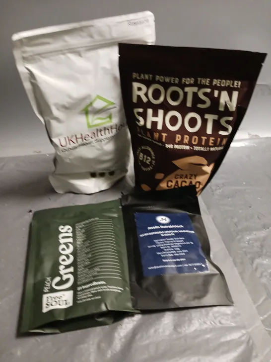 4 ASSORTED SUPPLEMEN PRODUCTS TO INCLUDE ROOTS 'N' SHOOTS PLANT PROTEIN (500g), UKHEALTHHOUSE CHICORY INULIN POWDER (1kg), PEACH GREENS POWDER (150g), ETC