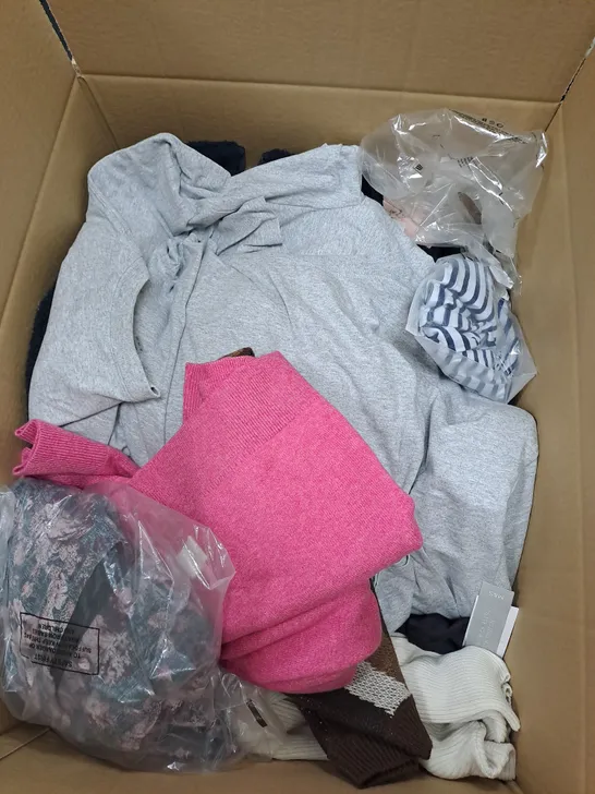 BOX OF ASSORTED CLOTHING ITEMS TOO INCLUDE JUMPERS, SHIRTS AND TROUSERS IN VARIOUS SIZES AND COLOURS   