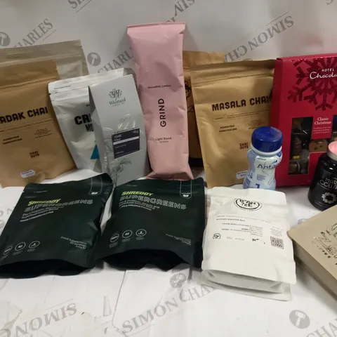 APPROXIMATELY 14 ASSORTED FOOD & DRINK ITEMS TO INCLUDE hotel chocolat CLASSIC CHRISTMAS COLLECTION, HASBEAN BY OZONE COFFEE (250g), SUPERSELF MARINE COLLAGEN (120 CAPS), ETC