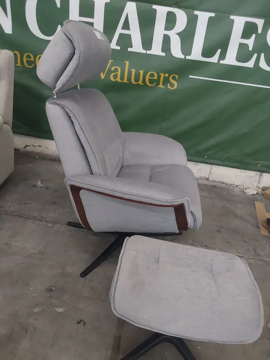 QUALITY BRITISH DESIGNER G PLAN LUND MANUAL RECLINING CHAIR & FOOTSTOOL MONTILLA SMOKE FABRIC 