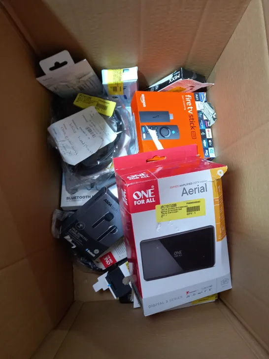 BOX OF APPROXIMATELY 15 ASSORTED ITEMS TO INCLUDE FIRE TV STICK, WIRELESS EARBUDS, USB CABLE ETC