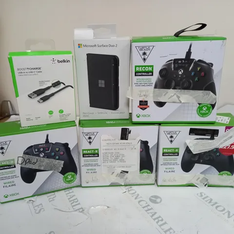 BOX OF APPROXIMATELY 10 ASSORTED GAMING ITEMS TO INCLUDE TURTLE BEACH CONTROLLER, GIOTECK CONTROLLER, MICROSOFT SURFACE DUO 2 ETC