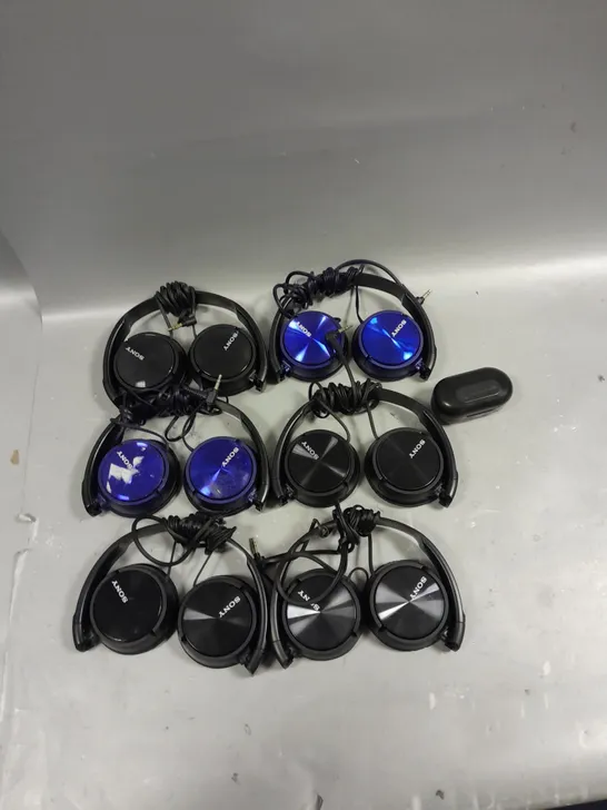 LOT OF SIX SONY HEADPHONES AND JLAB EAR BUDS