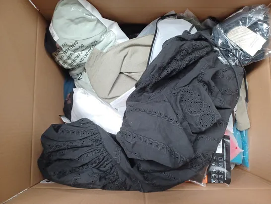 BOX OF ASSORTED CLOTHING ITEMS IN VARIOUS COLOURS, SIZES AND STYLES