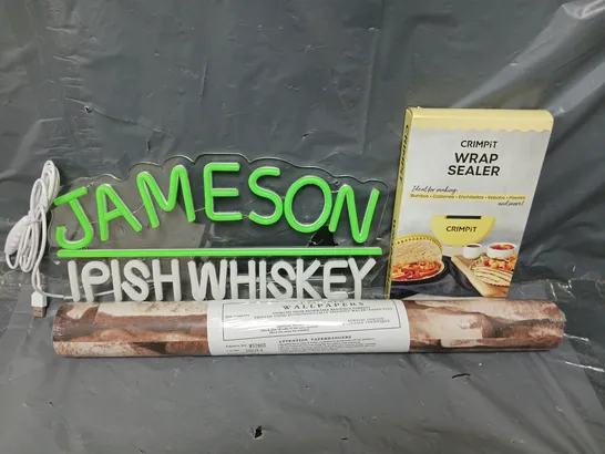 APROXIMATELY 16 ASSORTED HOUSEHOLD ITEMS TO INCLUDE JAMESON IPISH WHISKY NEON SIGN, WALLPAPER, CRIMPIT WRAP SEALER, ETC