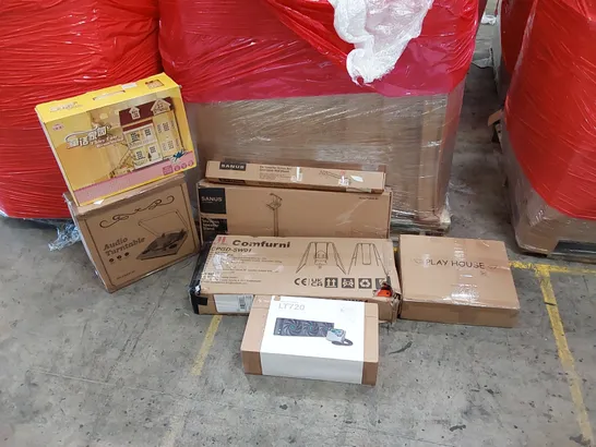 PALLET OF ASSORTED ITEMS INCLUDING: 360MM LIQUID CPU COOLER, AUDIO TURNTABLE, CHILDREN'S SWING, WIRELESS SPEAKER STAND, PLAYHOUSES