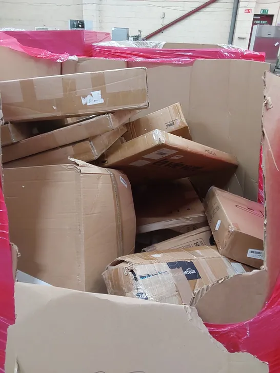 PALLET OF ASSORTED HOUSEHOLD ITEMS AND CONSUMER PRODUCTS TO INCLUDE; KITCHEN FAUCET, CERAMIC HEATER, MINI FRIDGE, BOXED FURNITURE ETC 