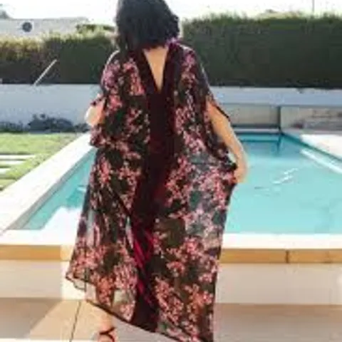 MJ KAFTAN STYLE WRAP IN BLACK PINK FLORAL ONE SIZE 