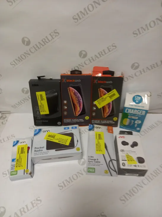 BOX OF APPROXIMATELY 20 ASSORTED ELECTRICAL PRODUCTS TO INCLUDE JVC WIRELESS EARPHONES, POWER BANK, POCKET RADIO ETC 