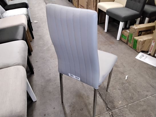 6 DESIGNER LIGHT GREY FAUX LEATHER CHAIRS WITH CHROME LEGS