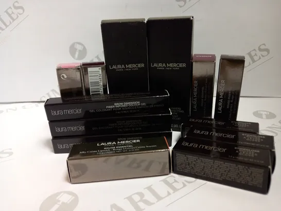 LOT OF 13 ASSORTED LAURA MERCIER BEAUTY PRODUCTS TO INCLUDE FLAWLESS RADIANCE-PERFECTING FOUNDATION, ROGUE ESSENTIAL LIPSTICK, STICKGLOSS AND BROW DIMENSION COLOUR GEL