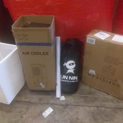 PALLET OF ASSORTED ITEMS INCLUDING AIR COOLER, UNDERCOVER UV PROTECTION, COFFEE TABLE