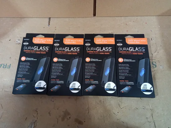 LOT OF APPROXIMATELY 10 BRAND NEW PACKS OF DURAGLASS TEMPERED GLASS SCREEN PROTECTORS FOR APPLE IPHONE 8PLUS AND 6/6S/7 PLUS (4 PER PACK