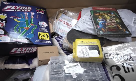 PALLET OF APPROXIMATELY 7 BOXES OF ASSORTED ITEMS INCLUDING FLYING ROCKET TOY SET, WELLOCKS CROSSHEAD SCREWS SET, SHREKS THRILLING TALES DVD, TRAINING COLLAR, COMBINATION DRILL & TAP SET