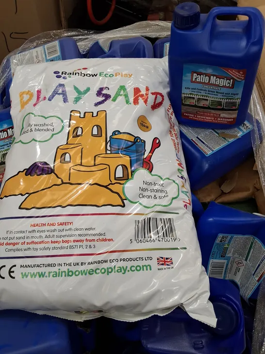 PALLET CONTAINING 2.5L PATIO MAGIC CONCENTRATE AND 15KG BAGS OF ECO PLAY SAND