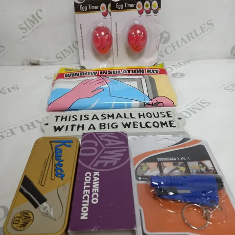 BOX OF APPROXIMATELY 15 ASSORTED ITEMS TO INCLUDE - WINDOW INSULATION, EGG TIMER, SIGN ETC