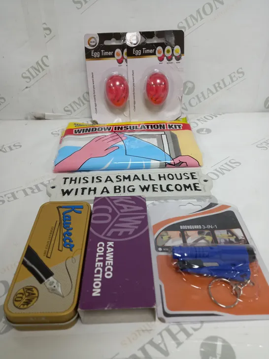 BOX OF APPROXIMATELY 15 ASSORTED ITEMS TO INCLUDE - WINDOW INSULATION, EGG TIMER, SIGN ETC