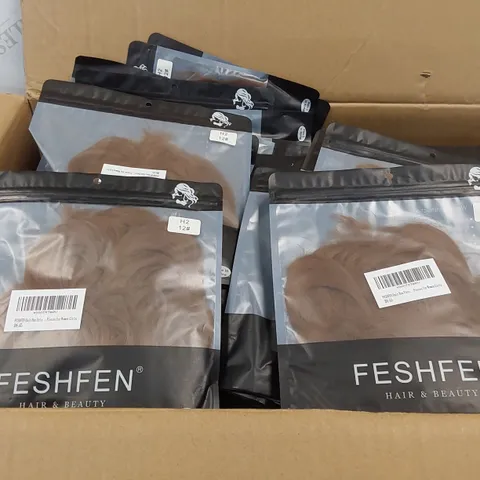 BOX CONTAINING APPROXIMATELY 100 FESHFEN BROWN HAIR BUN EXTENSIONS