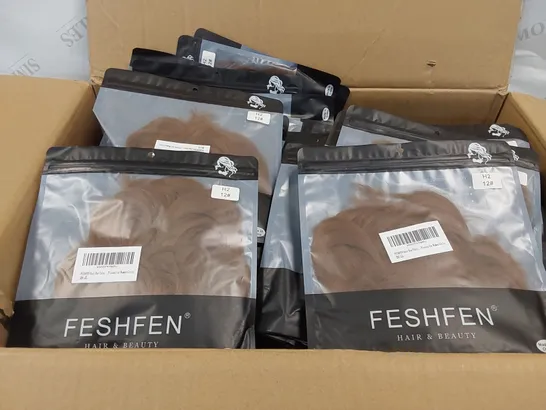 BOX CONTAINING APPROXIMATELY 100 FESHFEN BROWN HAIR BUN EXTENSIONS