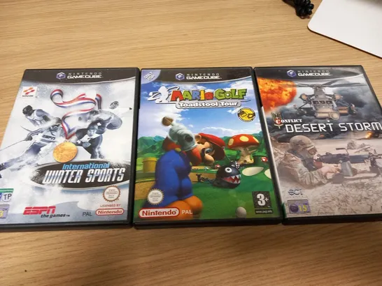 3 ASSORTED GAMECUBE GAMES; INTERNATIONAL WINTER SPORTS, MARIO GOLF TOADSTOOL TOUR AND CONFLICT DESERT STORM