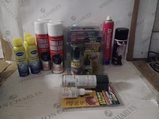 BOX OF HOUSEHOLD ITEMS TO INCLUDE BRISTOWS HAIRSPRAY , SCHOLL FRESH STEP ANTI-PERSPIRANT , ETC