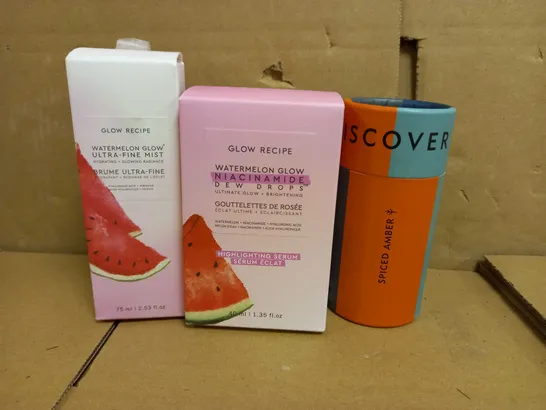 BOX OF 3 COSMETIC ITEMS TO INCLUDE FOUR TRAVEL SIZED SCENTS, GLOW RECIPE HIGHLIGHTING SERUM, GLOW RECIPE ULTRA FINE MIST