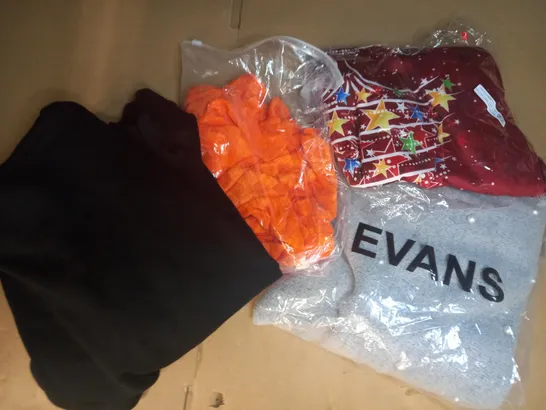 BOX OF APPROXIMATELY 10 ASSORTED CLOTHING AND FASHION ITEMS OF VARIOUS COLOURS AND STYLES TO INCLUDE ADDAX, EVANS, ETC