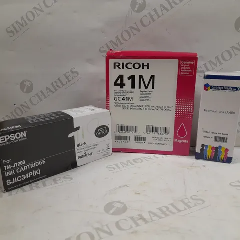 LOT OF APPROXIMATELY 30 PRINTER INKS TO INCLUDE EPSON BLACK INK (TN-J7200), RICOH 41M MAGENTA INK, CARTIDGE PEOPLE T6644 YELLOW INK BOTTLE, ETC