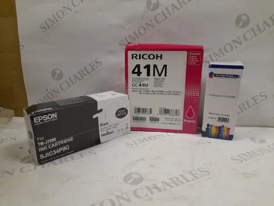 LOT OF APPROXIMATELY 30 PRINTER INKS TO INCLUDE EPSON BLACK INK (TN-J7200), RICOH 41M MAGENTA INK, CARTIDGE PEOPLE T6644 YELLOW INK BOTTLE, ETC