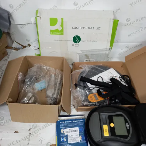 LARGE BOX OF APPROXIMATELY 10 ASSORTED HOUSEHOLD GOODS TO INCLUDE SUSPENSION FILES, HEATED PAD, SKIN REMOVER TAG, AND MAGNETIC WINDOW SCREEN ETC. 