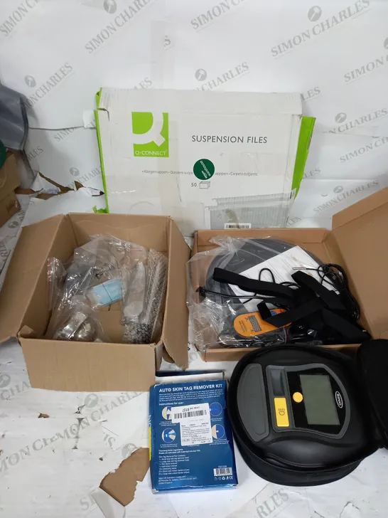 LARGE BOX OF APPROXIMATELY 10 ASSORTED HOUSEHOLD GOODS TO INCLUDE SUSPENSION FILES, HEATED PAD, SKIN REMOVER TAG, AND MAGNETIC WINDOW SCREEN ETC. 