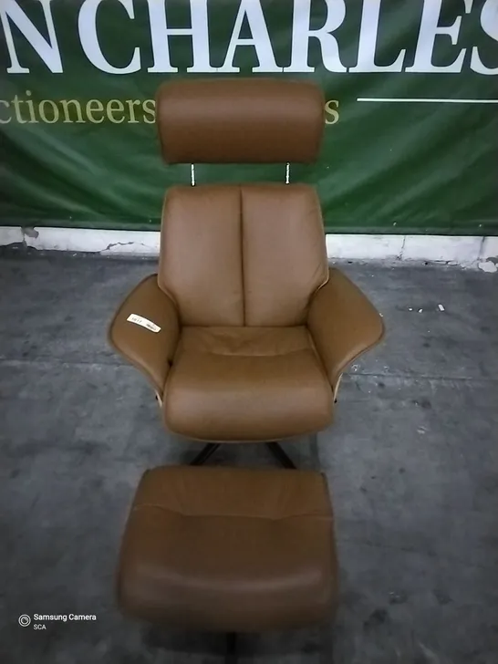 QUALITY BRITISH DESIGNER G PLAN LUND MAN RECLINER CHAIR AND FOOTSTOOL CAMBRIDGE TAN LEATHER