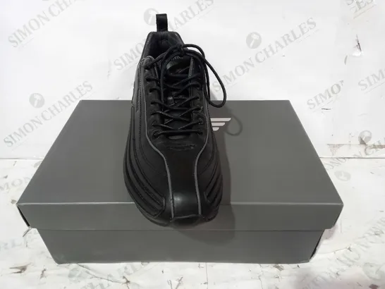 BOXED PAIR OF EMPORIO ARMANI EA EAGLE LEATHER SNEAKERS IN BLACK UK SIZE 8