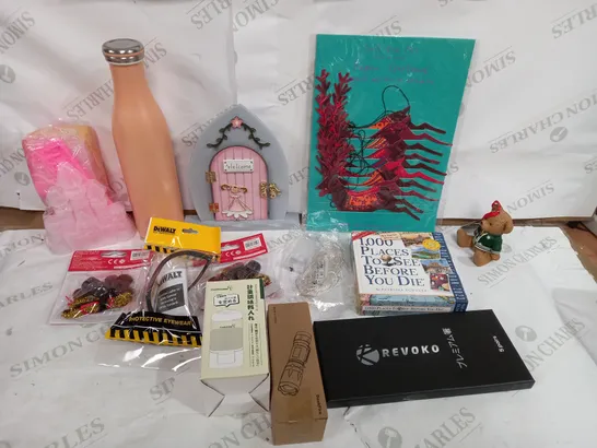 BOX OF ASSORTED HOUSEHOLD ITEMS TO INCLUDE WORK WEAR, REVOKO AND FAIRY DOORS