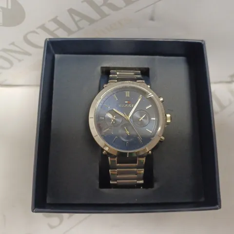 TOMMY HILGER SILVER WATCH WITH BLUE FACE AND BRACELET STRAP