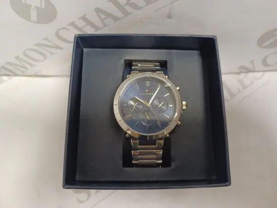 TOMMY HILGER SILVER WATCH WITH BLUE FACE AND BRACELET STRAP