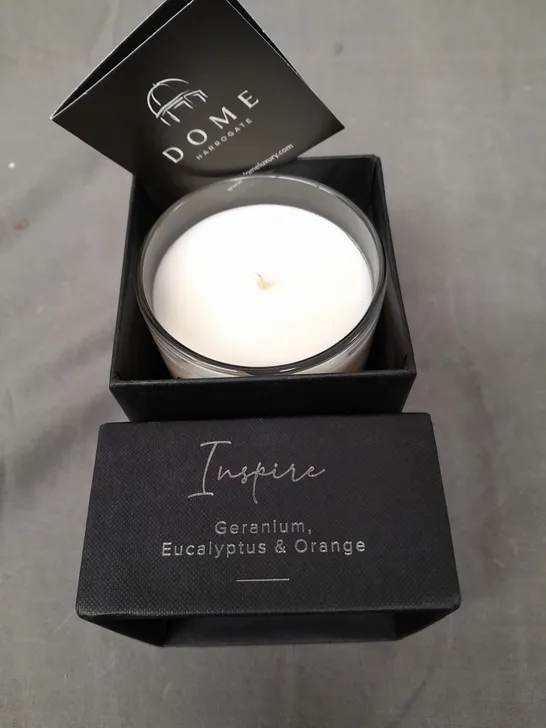 BOXED DOME HARROGATE GERANIUM EUCALYPTUS AND ORANGE SCENTED CANDLE