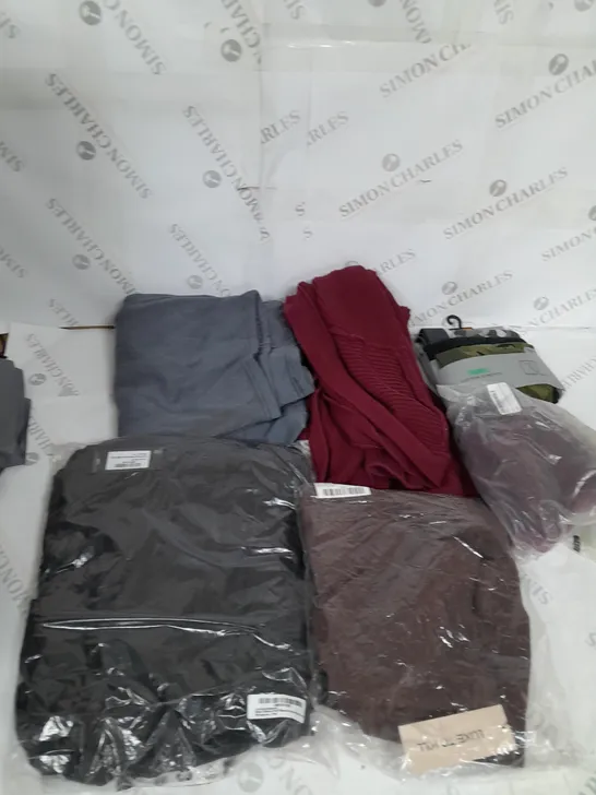 LARGE BOX OF ASSORTED CLOTHING ITEMS IN VARIOUS COLOURS AND SIZES INCLUDING TROUSERS , TOPS AND JUMPERS 