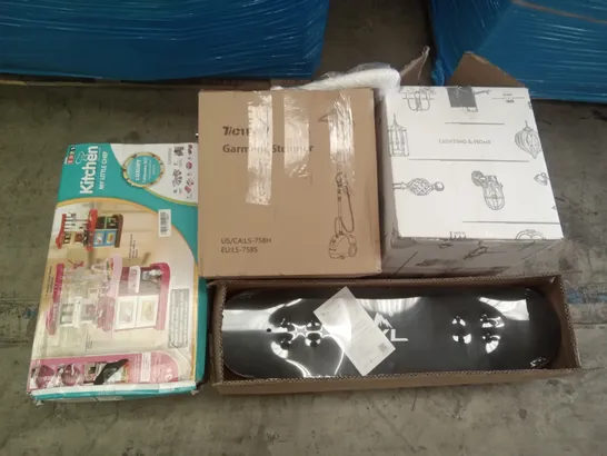 PALLET OF ASSORTED ITEMS INCLUDING TICWELL GARMENT STEAMER, DOUBLE SMUGGLERS WALL LIGHT IN BEESWAX, SKATEBOARDS, MY LITTLE CHEF KITCHEN PLAY SET, ACEVIVI FOOT SPA MASSAGER 