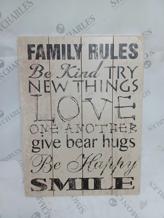 ARTEHOUSE FAMILY RULES BE KIND PLANKED WOOD SIGN WALL DECOR ART IN BEIGE 35 X 50CM