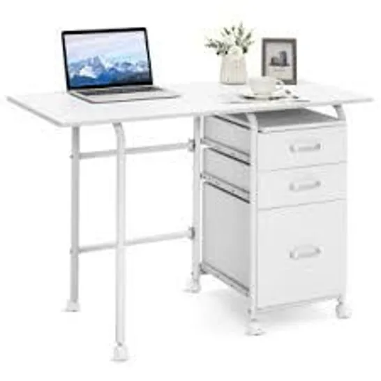 BOXED COSTWAY WHITE 3 DRAWERS FOLDING COMPUTER DESK WITH ROLLING WHEELS