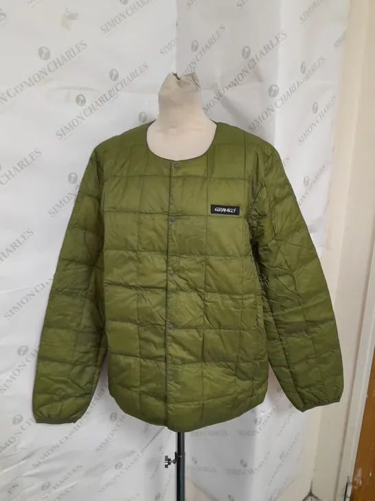 TAION/GRAMICCI INNER DOWN JACKET QUILTED BTTON UP IN OLIVE SIZE XL INCLDES BAG