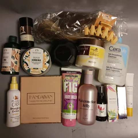 BOX OF APPROX 30 COSMETICS ITEMS TO INCLUDE - CERAVE SA SMOOTHING CLEANSER - GUMMY PROFFESIONAL STYLING WAX - SOAP&GLORY BODY WASH ETC