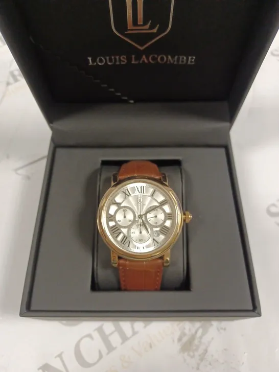 LOUIS LACOMBE CHRONOGRAPH ROMAN NUMERAL WAVE TRIPLE DIAL BROWN LEATHER STRAP WRISTWATCH 