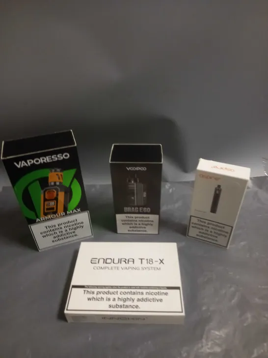 APPROXIMATELY 20 BOXED E-CIGARETTES TO INCLUDE VAPORESSO, VOOPOO, ASPIRE ETC